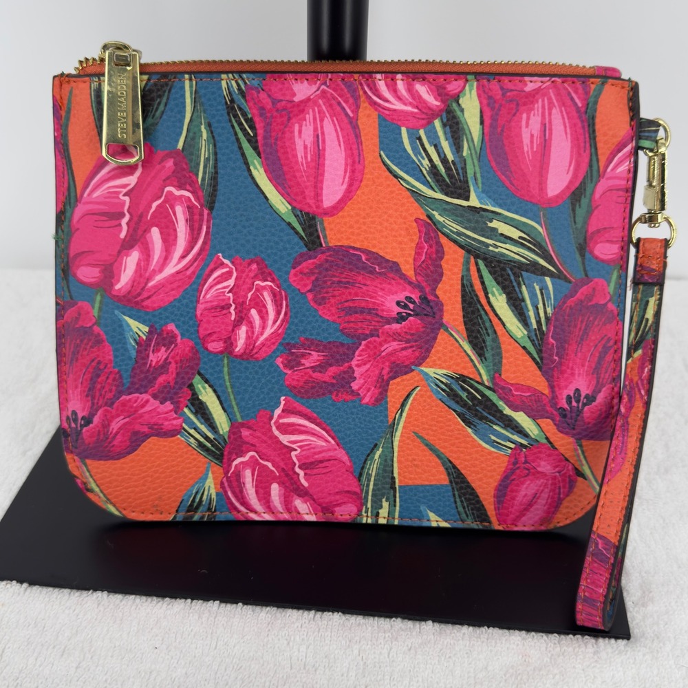 Steve Madden Floral Tulip Print Wristlet Clutch Bag Pink Orange Blue Gold Zip